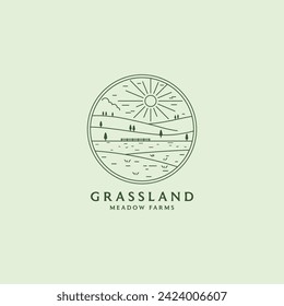 Logo del vector de pastizales naturales. Concepto de diseño del logotipo del círculo de la línea de arte de la pradera 