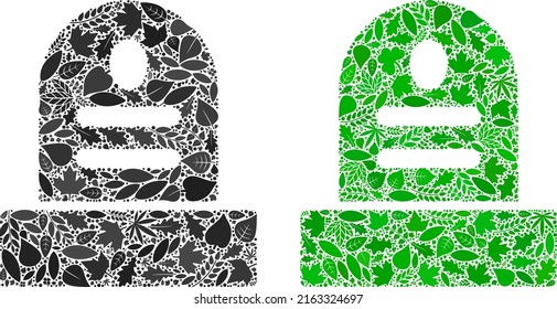 Nature grave icon collage of plant leaves in green and natural color tints. Ecological environment vector template for grave icon. Grave vector image is formed of green herbal icons.
