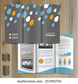 Nature gray brochure template design with blue and orange raindrops. Cover layout