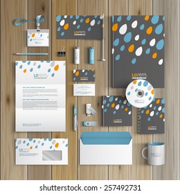 Nature gray corporate identity template design with blue and orange raindrops. Business stationery