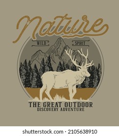 Nature.The great outdoor.Hand drawn travel badge with deer antlers and mountains textured vector illustration and "Be wild and free" inspirational lettering.