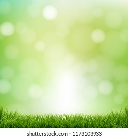 Nature Green Background With Bokeh And Grass With Gradient Mesh, Vector Illustration