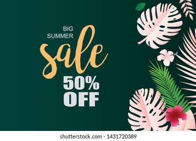 Nature green background. Flat design vector illustration for web and social media banner - Sale 50% off - Web banner template design for beauty