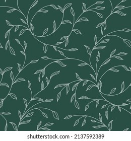 Nature green background vector. Floral pattern. light green curly branches with leaves on a dark background