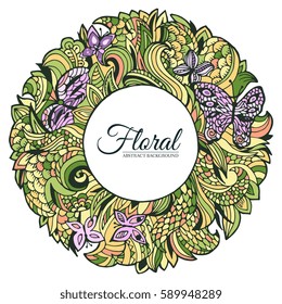 Nature green doodle abstract art round circle concept background. Vector illustration design of decorative modern greeting card or invitation template elements.