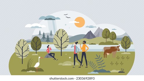 Nature and green environment beauty in ecological field tiny person concept. Animals and birds flora or fauna protection, respect and conservation vector illustration. Sustainable climate harmony.