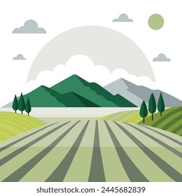 Campo verde de la Naturaleza con la Ilustración vectorial plana de la nube sobre fondo blanco
