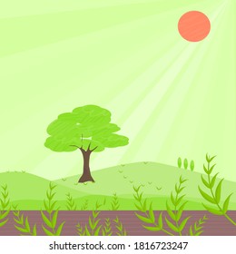 Nature green field landscape countryside with trees, plants leaf, hills and sun with abstract background texture vector illustration wallpaper scenery art graphic design 