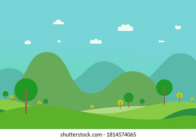Nature green hills landscape with mountain.Vector illustration.Rural scene flat design.Spring garden with sky background