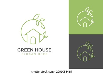 nature green house logo design line art style vector symbol icon design with leaf circle home concept, Eco friendly home logo design