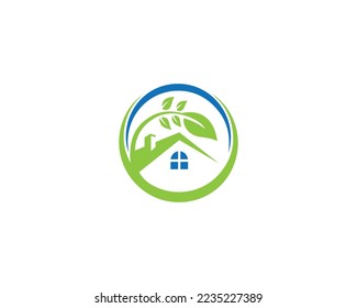 Nature Green House Logo Design Graphic With Leaf Element Premium Vector Template.