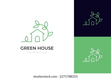 nature green house logo design line art style vector symbol icon design with leaf circle home concept, Eco friendly home logo design