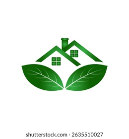 nature green house logo design line art style vector symbol icon design with leaf circle home concept, Eco friendly home logo design