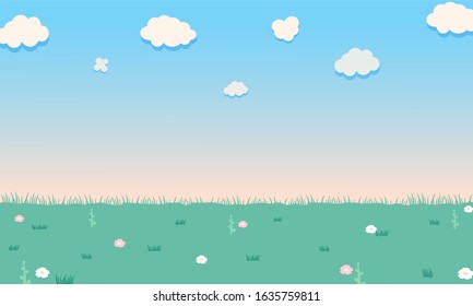 Nature green landsacpe. Flower and grass at blue sky. Vector illustration.