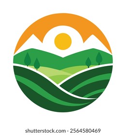 Nature Green Landscape Sunrise Logo Design Vector.Perfect for branding, eco-friendly projects, and creative designs.