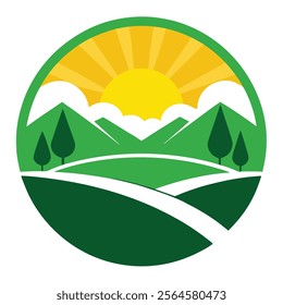 Nature Green Landscape Sunrise Logo Design Vector.Perfect for branding, eco-friendly projects, and creative designs.