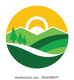 Nature Green Landscape Sunrise Logo Design Vector.Perfect for branding, eco-friendly projects, and creative designs.