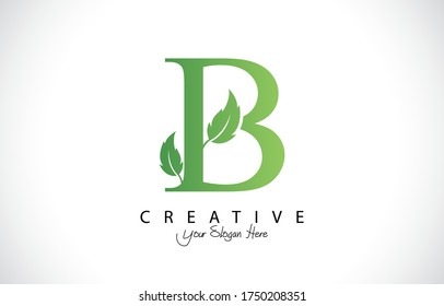 Nature Green Leaf Letter B Logo Design. monogram logo. Simple Swirl Green Leaves Alphabet Icon.