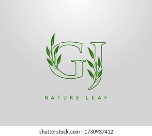 Nature Green Leaf Letter G, J and GJ Logo Design. monogram logo. Simple Swirl Green Leaves Alphabet Icon.