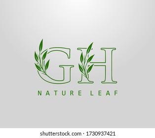 Nature Green Leaf Letter G, H and GH Logo Design. monogram logo. Simple Swirl Green Leaves Alphabet Icon.