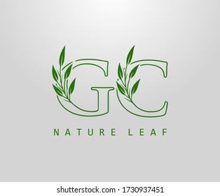 Nature Green Leaf Letter G, C and GC Logo Design. monogram logo. Simple Swirl Green Leaves Alphabet Icon.