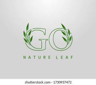 Nature Green Leaf Letter G, O and GO Logo Design. monogram logo. Simple Swirl Green Leaves Alphabet Icon.