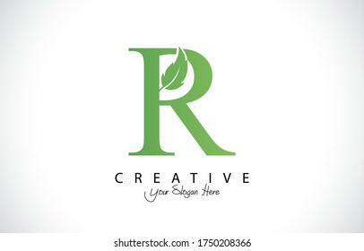 Nature Green Leaf Letter R Logo Design. monogram logo. Simple Swirl Green Leaves Alphabet Icon.