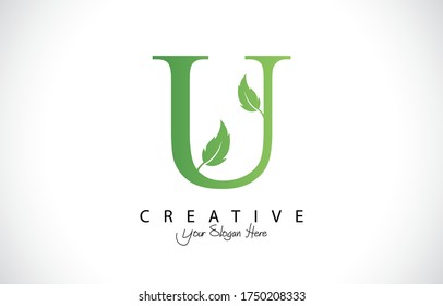 Nature Green Leaf Letter U Logo Design. monogram logo. Simple Swirl Green Leaves Alphabet Icon.