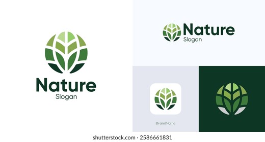 Nature green leaf logo design, circle shape nature leaf logo template. Nature logo symbol icon, leaf botanical icon abstract natural green symbol. Graphic vector illustration design, coloring green.