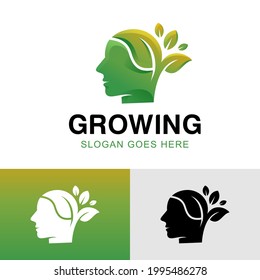 logotipos ecológicos naturales de mentalidad creciente con la gente cara, arte de línea moderna diseño de logotipo de crecimiento inteligente