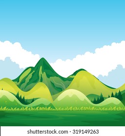 Nature with green mountain and blue sky illustration