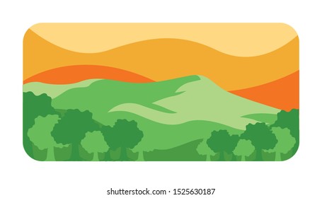 Nature Green Mountain Orange Sky Landscape Illustration Vector Stock Template for Background