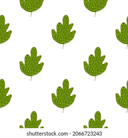 Nature green oak seamless pattern isolated on white background. Geometric foliage backdrop. Simple nature wallpaper. For fabric design, textile print, wrapping, cover. Doodle vector illustration.