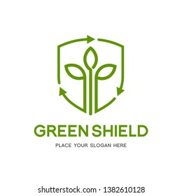 Nature or green shield vector logo template. This graphic with leaves or tree symbol. Suitable for ecology, farm, protect, guard, environment, recycle and emblem.