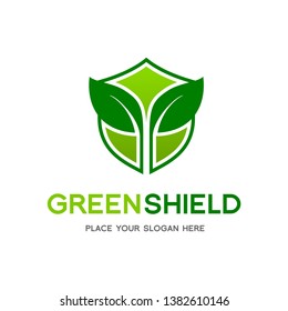 Nature or green shield vector logo template. This graphic with leave or tree symbol. Suitable for ecology, farm, protect, guard, environment, recycle and emblem.