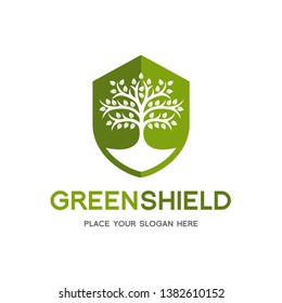 Nature or green shield vector logo template. This graphic with leaves or tree symbol. Suitable for ecology, farm, protect, guard, environment, recycle and emblem.