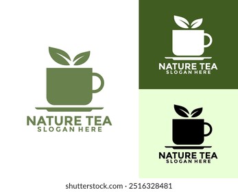 Nature Green Tea with Cup and Leaf Logo vector, Premium quality organic tea logo template