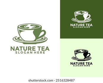 Nature Green Tea with Cup Logo vector, Premium quality organic tea logo template