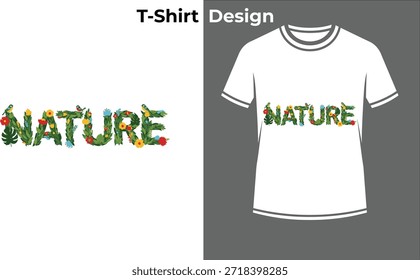 Ilustración vectorial de la camiseta de la tipografía verde de la Naturaleza, diseño orgánico del texto con las hojas botánicas para los amantes ecológicos, del medio ambiente, y de la planta.