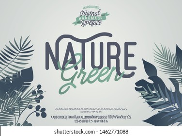 Nature Green. Vector Illustration With 2 Font Set. Alphabet Typeface. Serif And Script Font Set. Green Color.