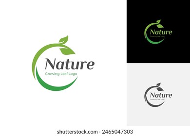 Naturaleza que crece el diseño del logotipo de la hoja, círculo de la tierra con el elemento gráfico de la planta, símbolo, signo para el Día de la Tierra verde, globo de la naturaleza y Plantilla del logotipo de la tierra verde