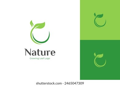 Naturaleza que crece el diseño del logotipo de la hoja, círculo de la tierra con el elemento gráfico de la planta, símbolo, signo para el Día de la Tierra verde, globo de la naturaleza y Plantilla del logotipo de la tierra verde