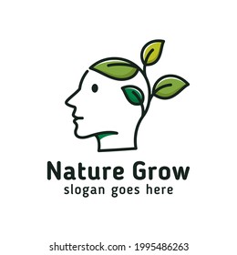 nature growing mind with people face, modern line art smart grow logo design