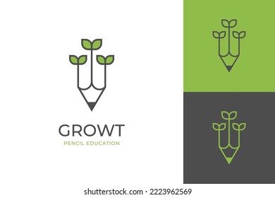 nature growth pencil vector logo design line art style element symbol icon design with leaf or plant design concept for education logo