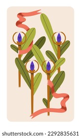 Nature, growth and vitality concept. Metaphor card with wands and leaves, symbol of renewal, creative energy, power, strength, progress, success, prosperity and harmony. Flat vector illustration