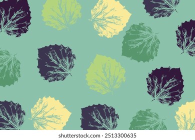 Nature grunge background with fall leaves. Stamp leaves, hand-drawn imprints. 