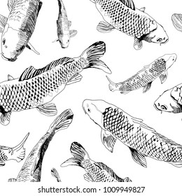 Nature hand draw seamless pattern with black contour Fish isolated on white background. Vector illustration in japanese style can be used as print for t-shirt, textile, wrapping 