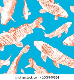 Nature hand draw seamless pattern with red Fish isolated on blue background. Vector illustration in japanese style can be used as print for t-shirt, textile, wrapping 