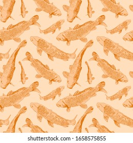 Nature hand draw seamless pattern with gold contour of japanese fish isolated on pink background. Stock vector illustration in Art Deco style can be used for t-shirt print, fabric textile, wrapping
