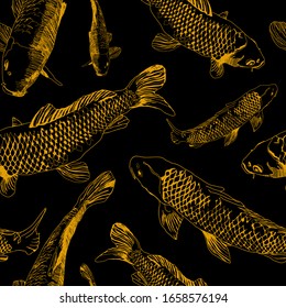 Nature hand draw seamless pattern with gold contour of japanese fish isolated on black background. Stock vector illustration in Art Deco style can be used for t-shirt print, fabric textile, wrapping